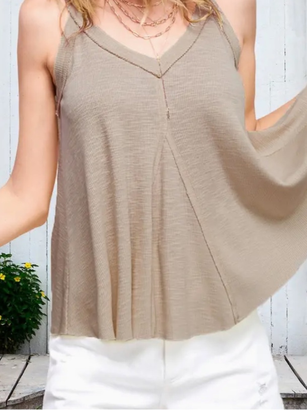LA MIEL Taupe V-Neck Swing Tank Top